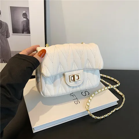 Women's Quilted PU Leather Chain Crossbody Bag Vintage Small Square Flap Shoulder Bag With Metal Turn Lock Handbag