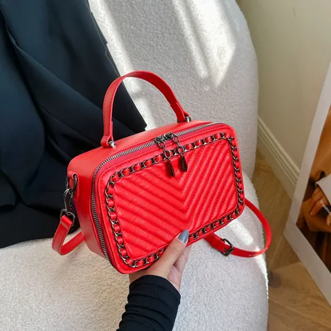 Borsa a Mano Vintage in Pelle PU Trapuntata Per Donna Decorazione Catena Metallo Borsa a Tracolla Piccola Borsa Quadrata con Doppia Cerniera