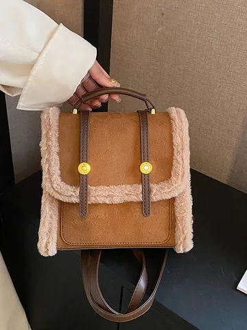 Vintage Faux Suede Backpack For Women With Faux Fur Trim Contrast Color Top Handle Small Handbag Fashion School Bag
