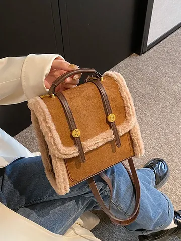 Vintage Faux Suede Backpack For Women With Faux Fur Trim Contrast Color Top Handle Small Handbag Fashion School Bag