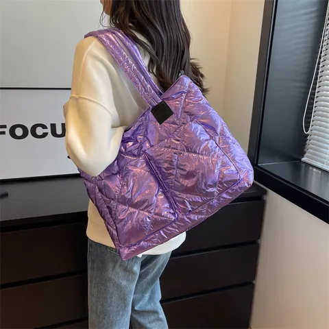 Bolso Tote Acolchado Metálico para Mujer Gran Capacidad Bolso de Hombro Acolchado Bolso de Mano Color Sólido Simple