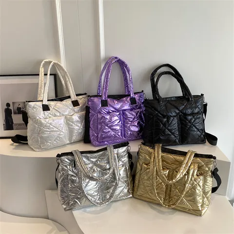 Bolso Tote Acolchado Metálico para Mujer Gran Capacidad Bolso de Hombro Acolchado Bolso de Mano Color Sólido Simple