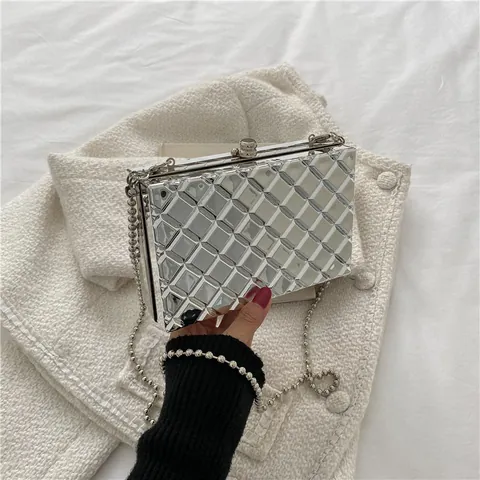 Damen Acryl Metallisch Hartschale Abendtasche Gold Silber Rautenmuster Clutch Umhängetasche Mit Kugelkettenriemen