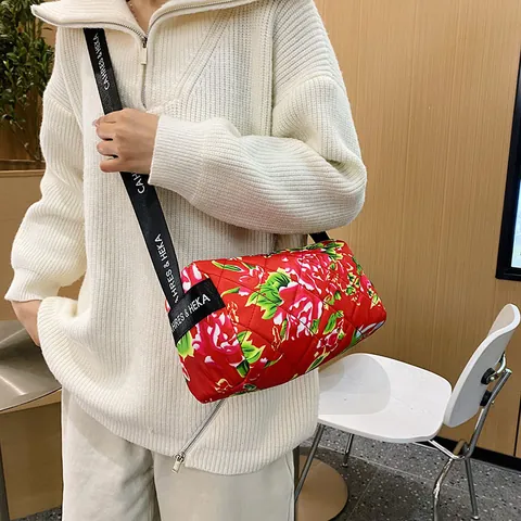 Women Ethnic Floral Quilted Cylinder Shoulder Bag Waterproof Nylon Padded Crossbody Bag Retro Peony Print Travel Satchel