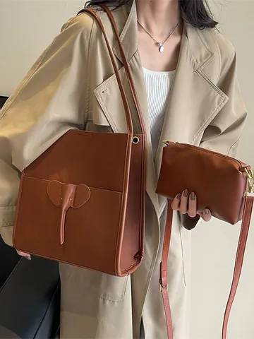 Vintage PU Leder Elefantenmuster Einkaufstasche Und Kleiner Beutel Für Damen Große Kapazität Umhängetasche Retro Mode Handtasche