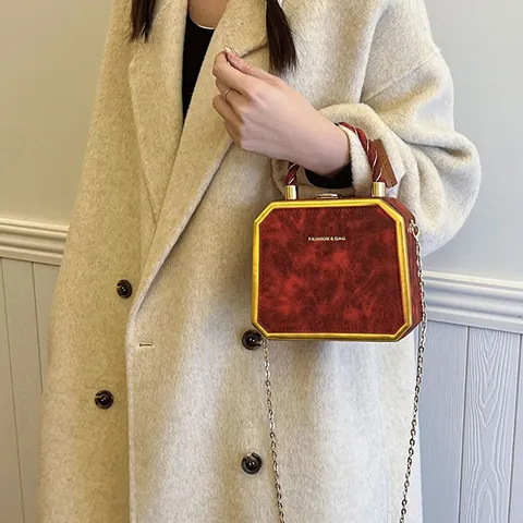 Vintage Marble Texture PU Leather Box Bag For Women Luxury Gold Metal Frame Hexagonal Chain Shoulder Crossbody Bag Evening Party Handbag