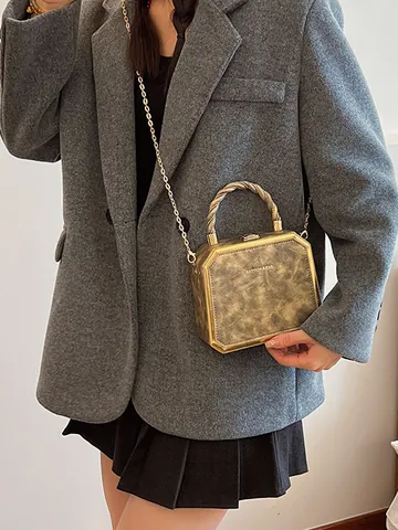 Vintage Marble Texture PU Leather Box Bag For Women Luxury Gold Metal Frame Hexagonal Chain Shoulder Crossbody Bag Evening Party Handbag