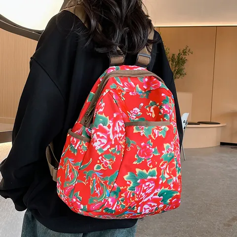 Ethnic Floral Print Backpack Large Capacity Nylon Travel Bag Vintage Peony Pattern Schoolbag For Men Women Student Daily Daypack