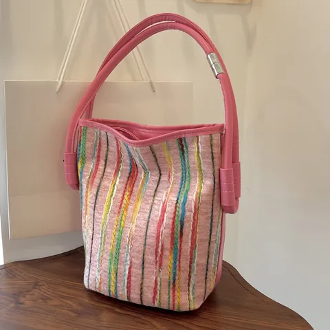 Women Colorful Striped Woven Bucket Bag Canvas PU Leather Patchwork Contrast Color Shoulder Underarm Bag Fashion Casual Handbag