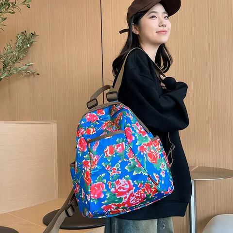 Ethnic Floral Print Backpack Large Capacity Nylon Travel Bag Vintage Peony Pattern Schoolbag For Men Women Student Daily Daypack