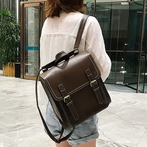 Mochila de Moda de Cuero PU Vintage para Mujer Gran Capacidad Color Sólido Estilo Preppy Bolsa Escolar Casual Viaje