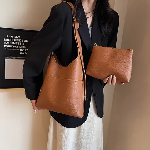 Sac Hobo pour Femmes en Cuir PU à Motif de Litchi Grande Capacité Avec Pochette Sac à Épaule Minimaliste Urbain