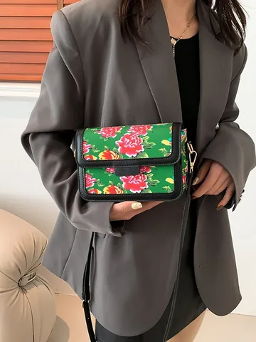 Sac Bandoulière Femme Style Chinois Vintage Fleur Cuir PU Imprimé Pivoine Petit Sac à Épaule Carré Tendance Nationale