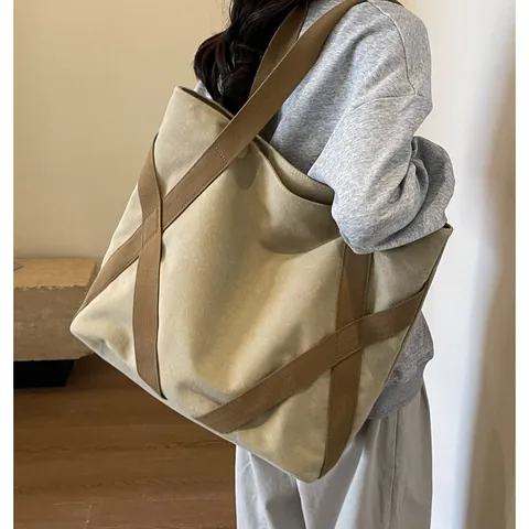 Borsa Tote in Tela di Grande Capacità Donna Casual Retro Borsa a Spalla Pendolare Design con Cinghie a Croce X Pratica Borsa da Viaggio
