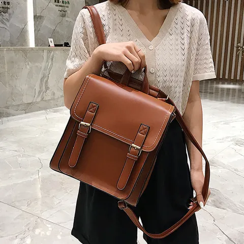 Mochila de Moda de Cuero PU Vintage para Mujer Gran Capacidad Color Sólido Estilo Preppy Bolsa Escolar Casual Viaje