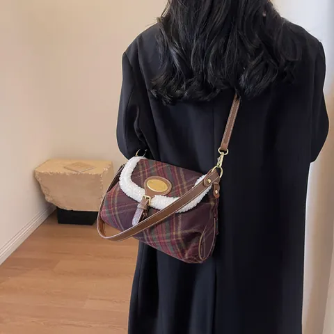 Women Vintage Plaid Woolen Shoulder Bag With Faux Lamb Wool Trim Autumn Winter Color Block Underarm Bag Coffee Brown Purse