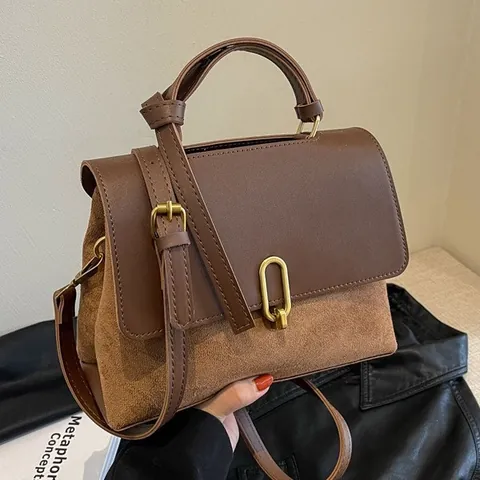 Bolso de Bandolera Vintage para Mujer en PU y Gamuza con Hebilla Dorada Bolso de Mano Cuadrado Pequeño Retro para Viaje