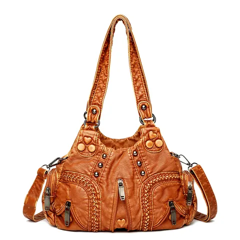 Vintage Washed PU Leather Crossbody Bag For Women Large Capacity Multi Pocket Studded Shoulder Tote Handbag Heart Decor