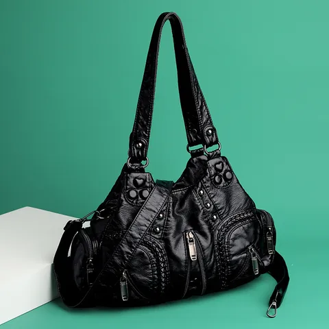 Borsa a Spalla Moto in Pelle PU Lavata Vintage per Donna Multitasche con Borchie Intrecciata Borsa a Mano Tracolla Moda