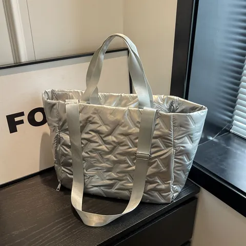 Women Metallic Puffer Tote Bag Large Capacity Quilted Shoulder Bag Metallic Finish Waterproof Nylon Handbag For Travel Gym Daily