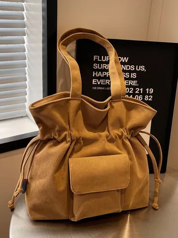 Bolso Tote de Pana Grande para Mujer Vintage Bolso de Hombro con Cordón y Bolsillo Delantero con Solapa Bolso de Cubo Casual