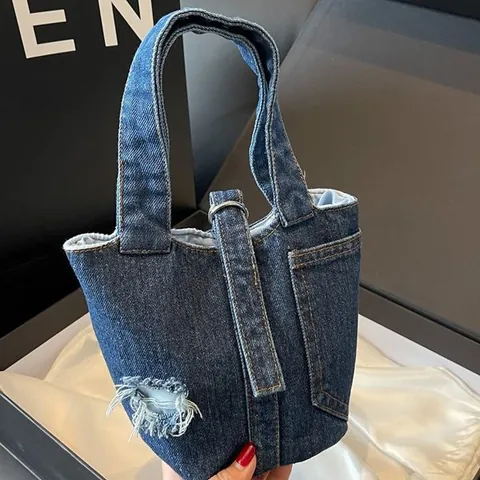 Damen Denim Beuteltasche Mode Mini Waschbar Denim Handtasche Mit Löchern Zerfetzte Kante Street Style Lässig Geldbeutel Hell Dunkelblau