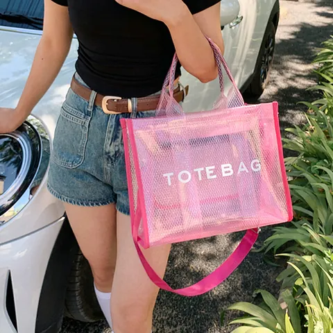 Women's Transparent PVC Mesh Tote Bag Fashion Letter Print Shoulder Bag Clear Handbag For Daily Shopping Beach Travel Summer