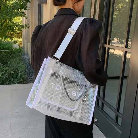 Women's Transparent PVC Mesh Tote Bag Fashion Letter Print Shoulder Bag Clear Handbag For Daily Shopping Beach Travel Summer