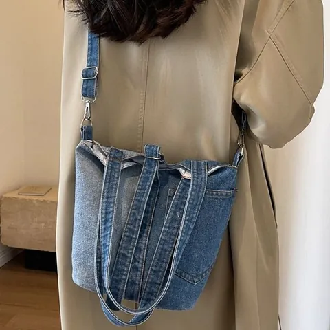 Damen Casual Denim Patchwork Tote Bag Vintage Eimertasche Schultertasche Große Kapazität Umhängetasche Für Pendeln Alltag