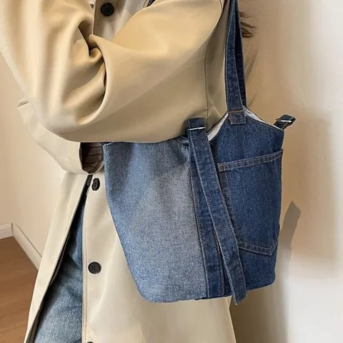 Damen Casual Denim Patchwork Tote Bag Vintage Eimertasche Schultertasche Große Kapazität Umhängetasche Für Pendeln Alltag
