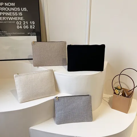 Women Large Capacity Canvas Linen Texture Clutch Bag Fashion Casual Makeup Toiletry Organizer Handbag With Gold Zipper