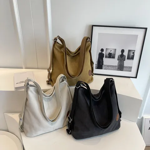 Women Large Capacity Canvas Tote Bag Casual Hobo Shoulder Bag Adjustable Strap Multi-way Carrying Travel Messenger Bag With Leather Patch