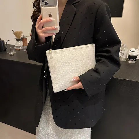 Grande Capacité Sac Pochette en Toile de Lin pour Femmes Mode Décontracté Organisateur de Maquillage avec Fermeture Éclair Or