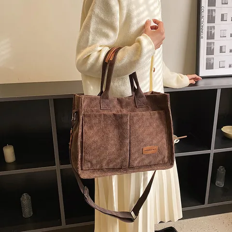 Vintage Corduroy Large Capacity Tote Bag For Women Commuting Shoulder Bag With Multi Pocket Crossbody Handbag Adjustable Strap