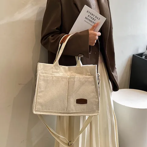 Vintage Corduroy Large Capacity Tote Bag For Women Commuting Shoulder Bag With Multi Pocket Crossbody Handbag Adjustable Strap