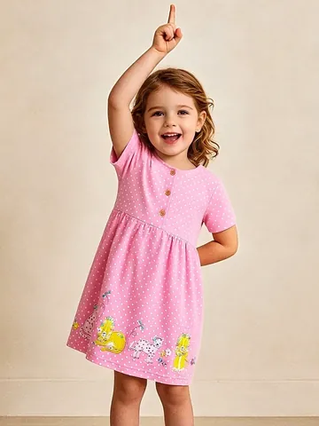 Girls Summer Cotton Pink Polka Dot Dress Animal Embroidery Princess Party Short Sleeve Cute Casual Dresses For Kids