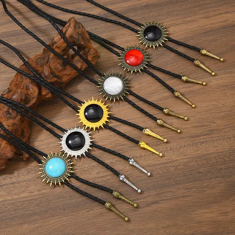 Vintage Western Cowboy Bolo Tie Alloy Sunflower Pendant Adjustable Artificial Leather Braided Cord Necklace Men Women Accessory