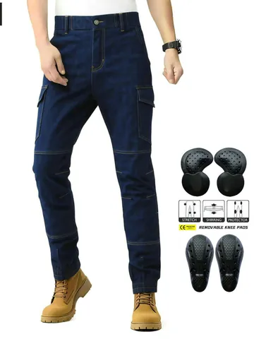 VOLERO Uomo CORDURA Moto Jeans Resistente All'Abrasione Stretch Cargo Pantaloni Con Protezioni CE Rimovibili Blu Scuro