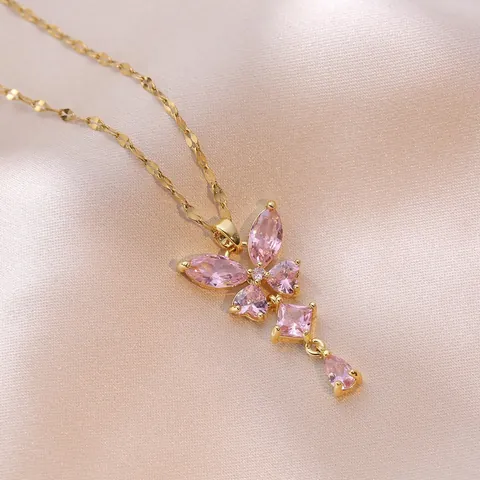Women's Titanium Steel Butterfly Necklace Light Luxury Zirconia Butterfly Pendant Gold Multi Layer Clavicle Chain Jewelry Gift