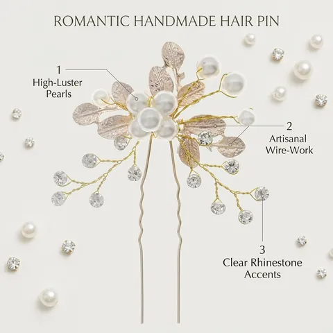 Handgefertigte Braut Blumen Blatt Haarnadel Gold Metall Künstliche Perle Strass U-Förmige Haarspange Für Hochzeit Party Damen Schmuck