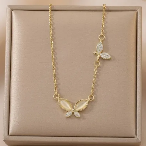 Butterfly Pendant Necklace Stainless Steel 18K Gold Plated Cat Eye Stone Zircon Inlaid Elegant Clavicle Chain For Women