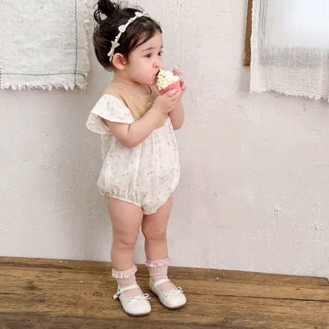 Baby Meisjes Zomer Katoenen Romper Bloemen Konijn Print Fly Sleeve Bodysuit Schattige Pasgeboren Baby Jumpsuit Kleding