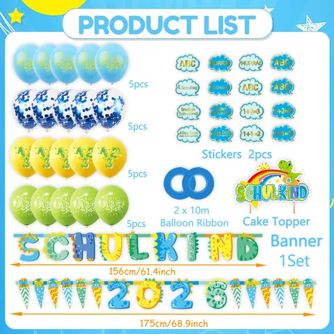 German Back to School Decor Dinosaur Theme Schulkind Banner Latex Balloons Cake Toppers Stickers Classroom Enrollment