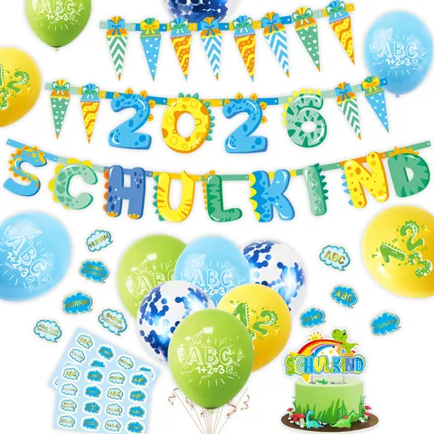German Back to School Decor Dinosaur Theme Schulkind Banner Latex Balloons Cake Toppers Stickers Classroom Enrollment