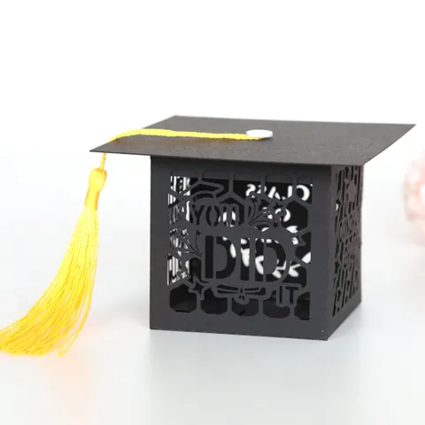 Class Of 2026 Graduation Doctor Hat Candy Boxes Laser Cut Hollow Black Favor Box With Yellow Tassel Paper Gift Packaging Boxes
