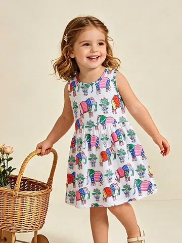 Mädchen Ärmelloses Rundhals Elefanten Print Kleid Polyester Spandex Sommer A-Linie Prinzessin Party Kleid Für Kinder Mehrfarbig