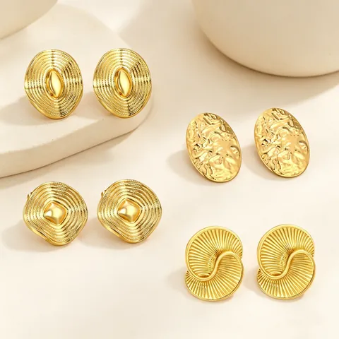 Vintage Stainless Steel Stud Earrings Wave Ripple Texture Geometric Irregular Square Oval Shape With Stainless Steel Earring Post