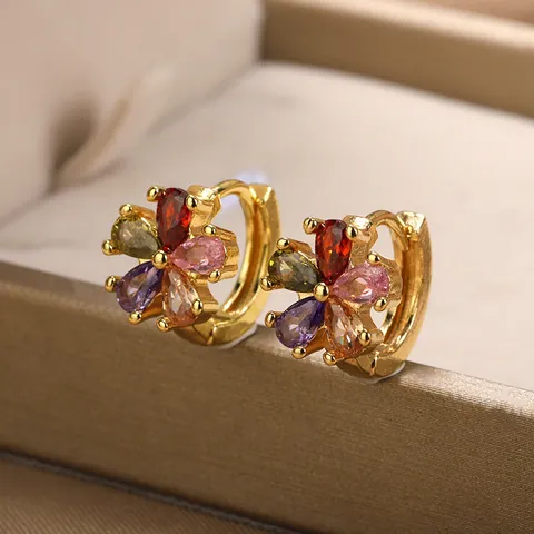 Luxe Verguld Koper Zirconia Bloem Hoop Oorbellen Voor Vrouwen Minimalistisch Kleurrijk Bloemblad Ingelegde Huggie Oorbellen Sieraden