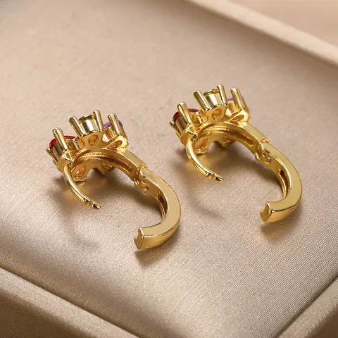 Luxe Verguld Koper Zirconia Bloem Hoop Oorbellen Voor Vrouwen Minimalistisch Kleurrijk Bloemblad Ingelegde Huggie Oorbellen Sieraden