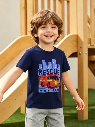 Kinder Jungen Sommer Baumwolle Kurzarm T-Shirt Cartoon Feuerwehr Druck Rundhals Casual Sport Tops Rettungsteam Marineblau